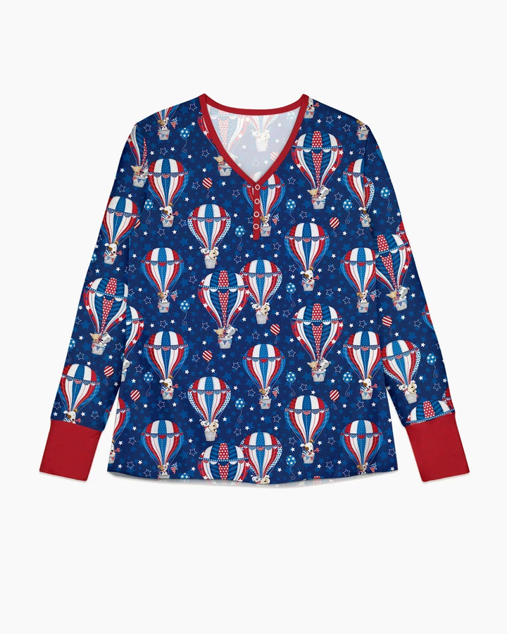 Conjunto de pijama de bambú para mujer a juego con la familia, diseño de cachorros patrióticos en globos aerostáticos