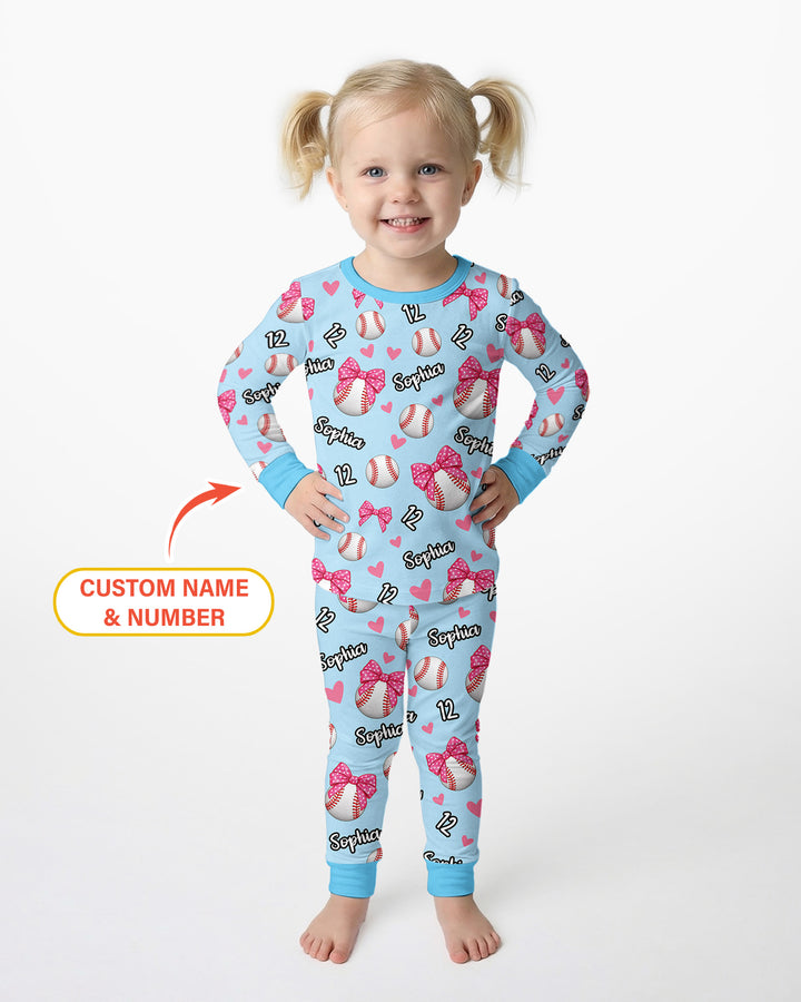 Coquette Ball Custom Name And Number Bamboo Two Piece Long Sleeve Pajama Set
