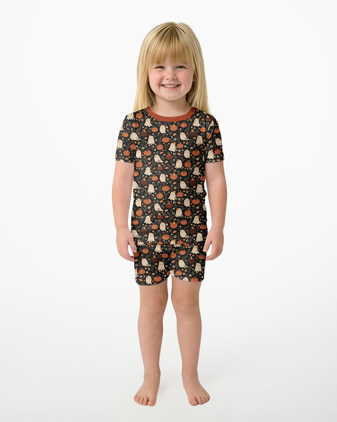 Ghost Pumpkin Harvest Floral Halloween Bamboo Two Piece Short Sleeve Shorts Pajama Set