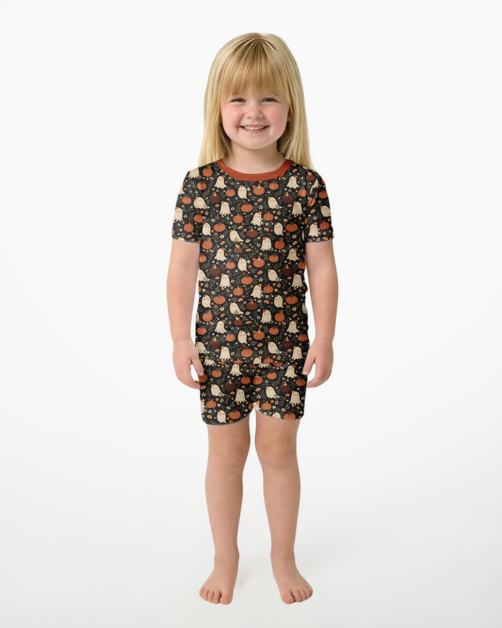 Ghost Pumpkin Harvest Floral Halloween Bamboo Two Piece Short Sleeve Shorts Pajama Set