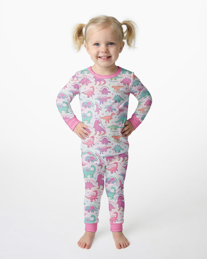 Pastel Dino Bamboo Two Piece Long Sleeve Pajama Set