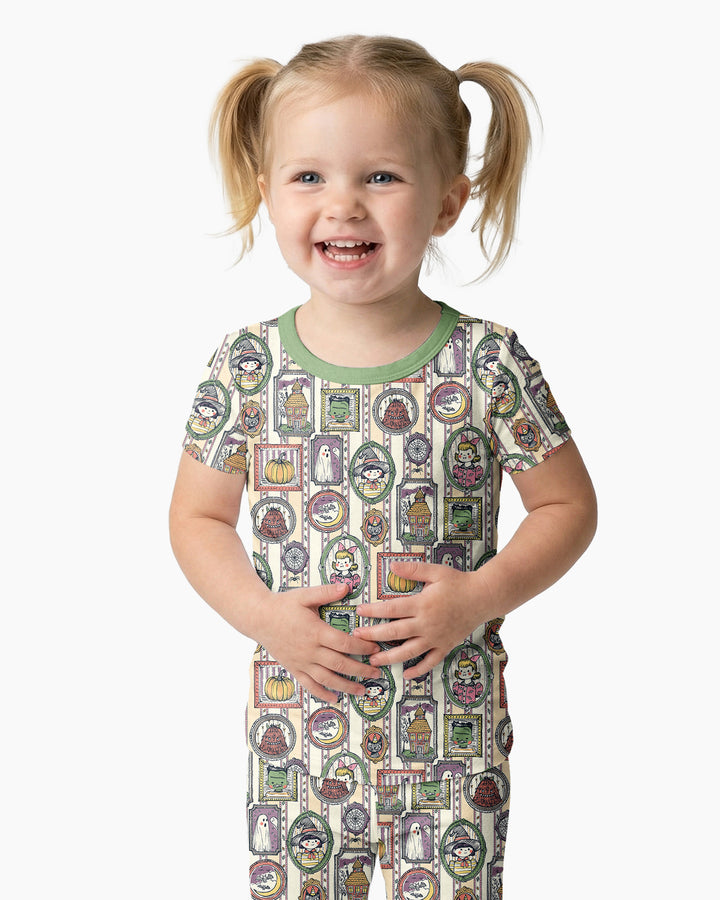 Vintage Halloween Ghost Pumpkin Portraits Bamboo Two Piece Short Sleeve Pajama Set