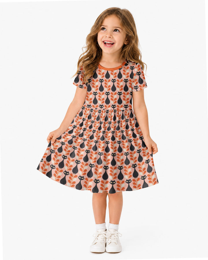 Retro Black Cat Garden Bamboo Twirl Dress