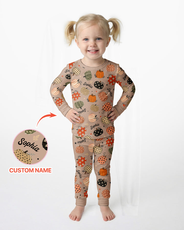 Custom Name Boho Pumpkin Bamboo Two Piece Long Sleeve Pajama Set