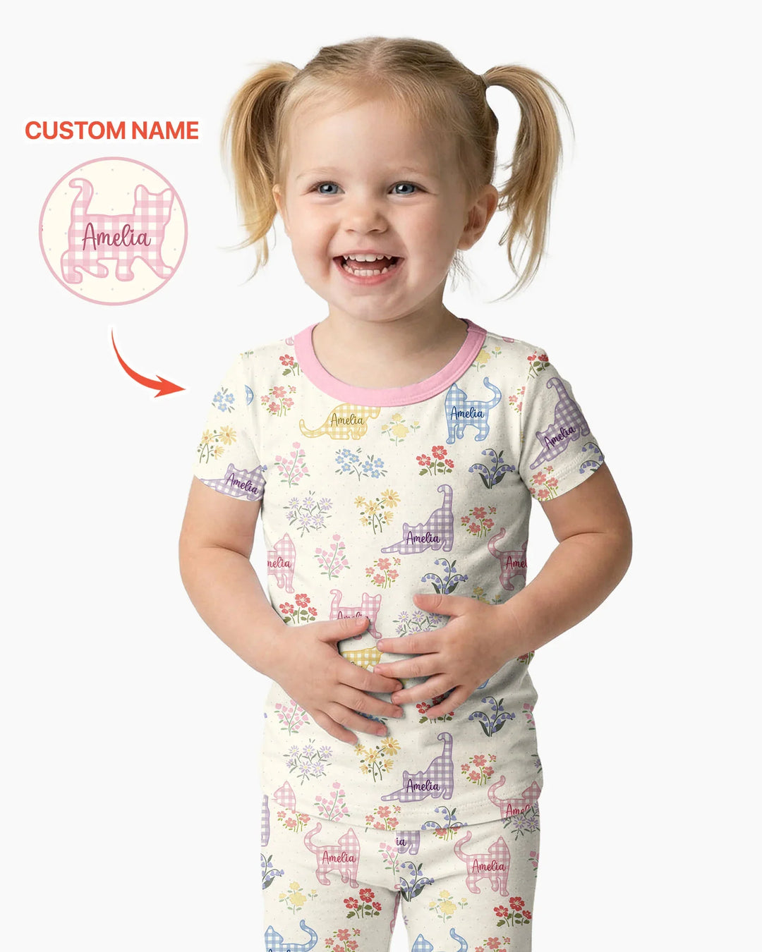 Gingham Cats Custom Name Bamboo Two Piece Short Sleeve Pajama Set