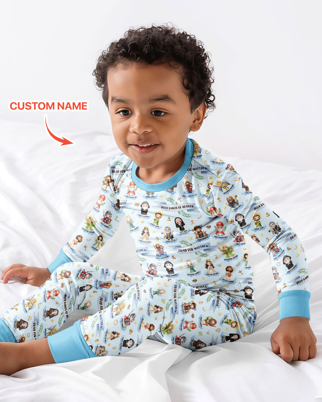 Santas y Santos del Cielo Juego de Pijama de Dos Piezas de Bambú de Manga Larga con Nombre Personalizado