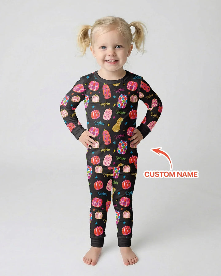 Custom Name Colorful Pumpkin Bamboo Two Piece Long Sleeve Pajama Set