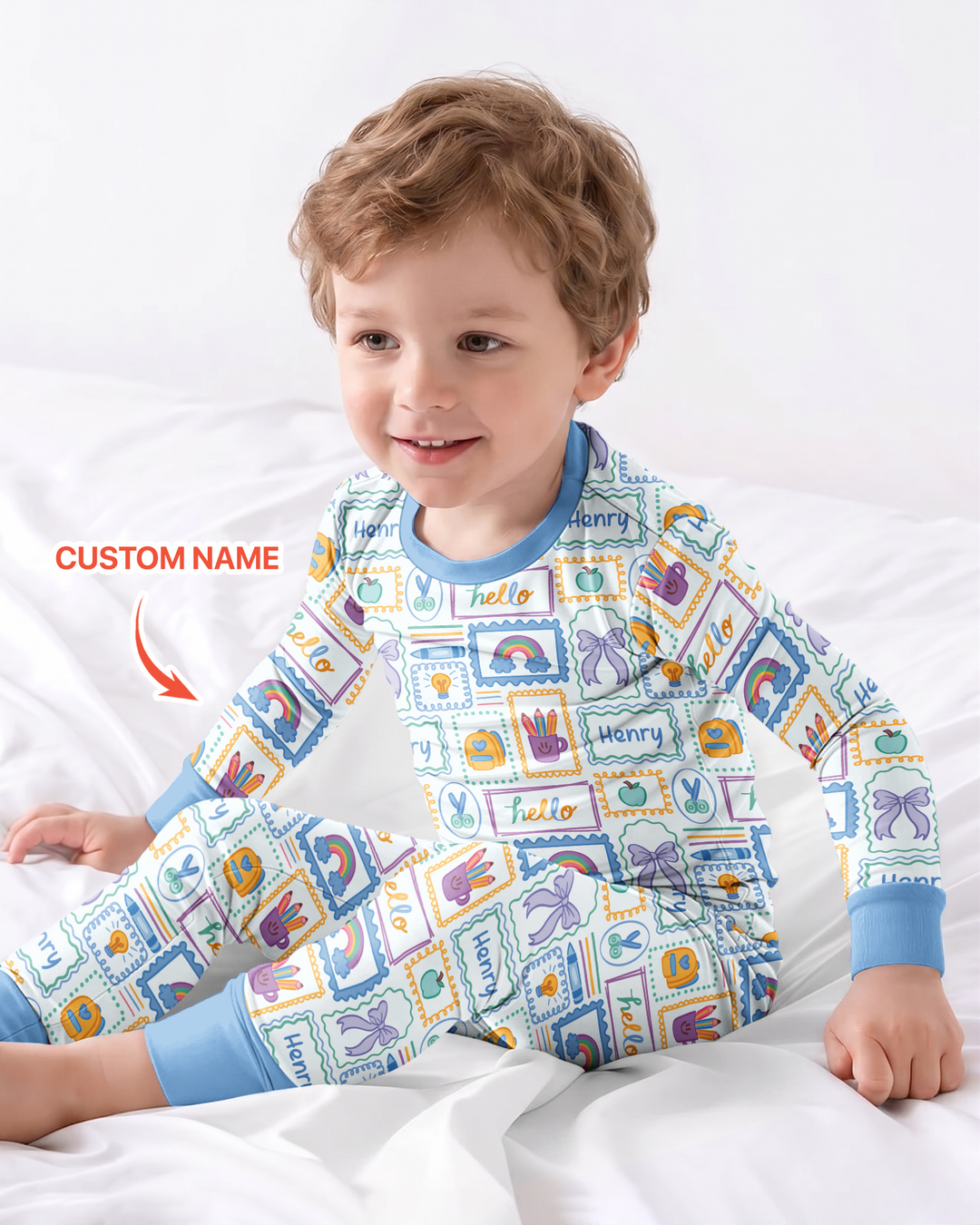 Custom Name Hello School Bamboo Two Piece Long Sleeve Pajama Set