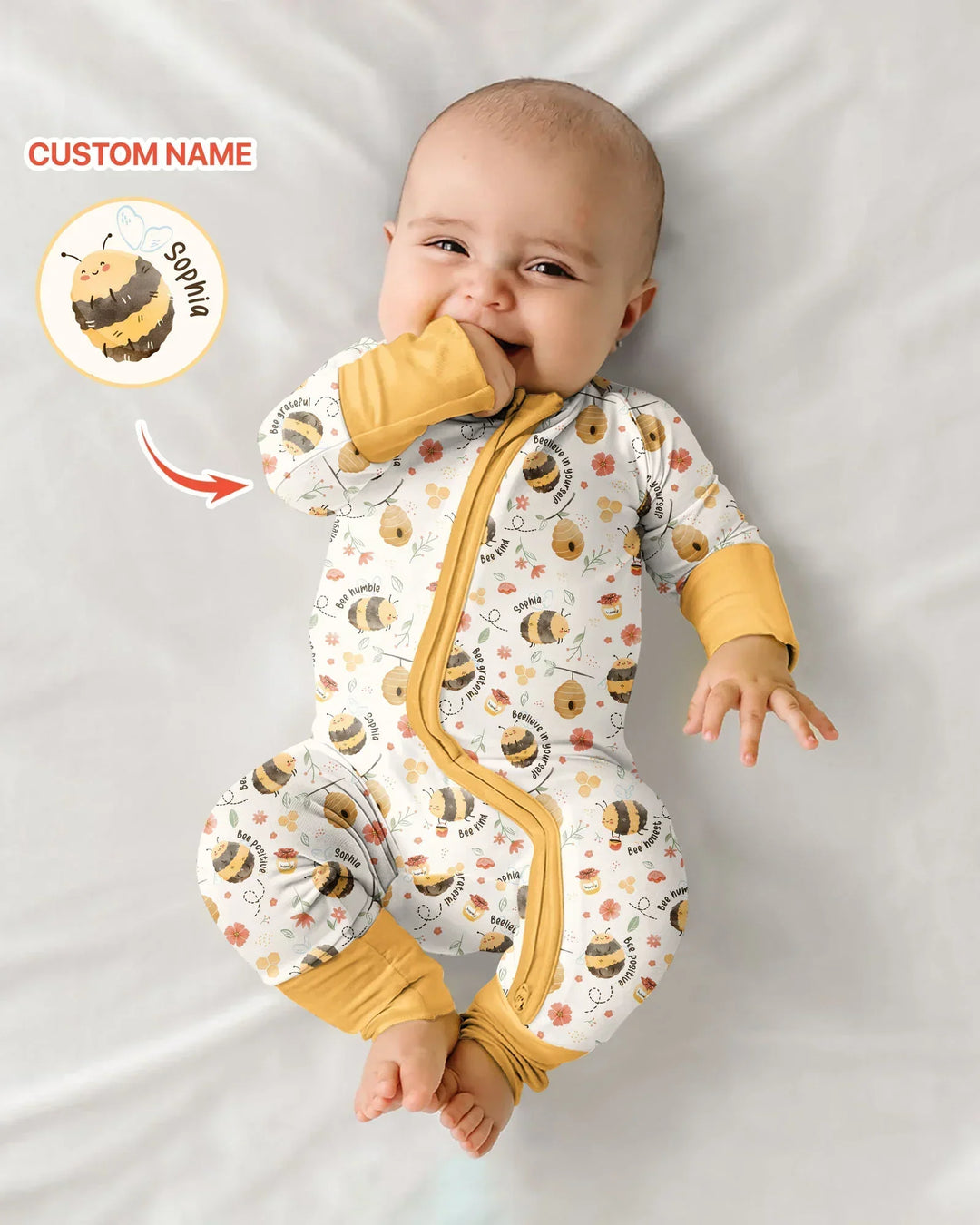 Mameluco convertible de bambú con cremallera y nombre personalizado Bee Kind