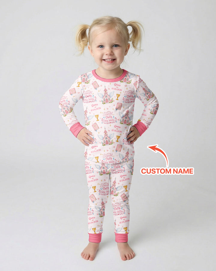 Custom Name Baptism Christening Straight Outta Holy Water Bamboo Two Piece Long Sleeve Pajama Set