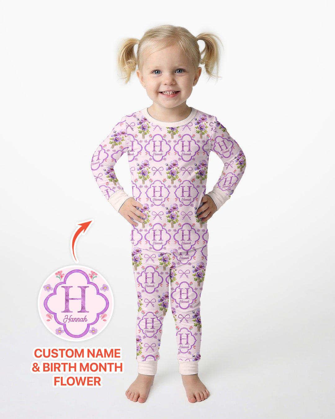 Personalized Birth Flower Mommy And Me Matching Bamboo Two Piece Long Sleeve Pajama Set