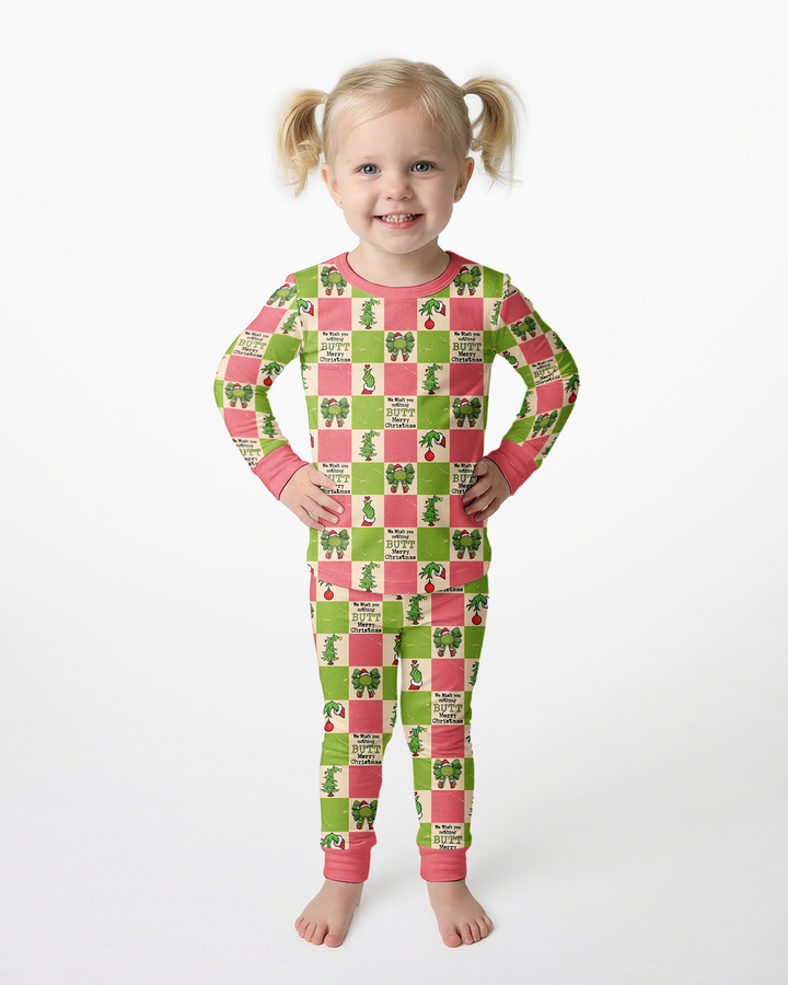 Nothing Butt Merry Christmas Checkerboard Bamboo Two Piece Long Sleeve Pajama Set
