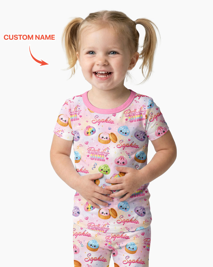 Birthday Girl Glitter Dumpling Bamboo Two Piece Short Sleeve Pajama Set
