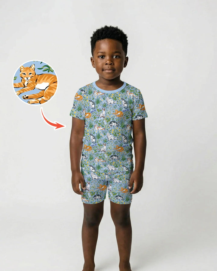 Pijama de dos piezas de bambú de manga corta y pantalón corto a juego para la familia de Kitten Garden