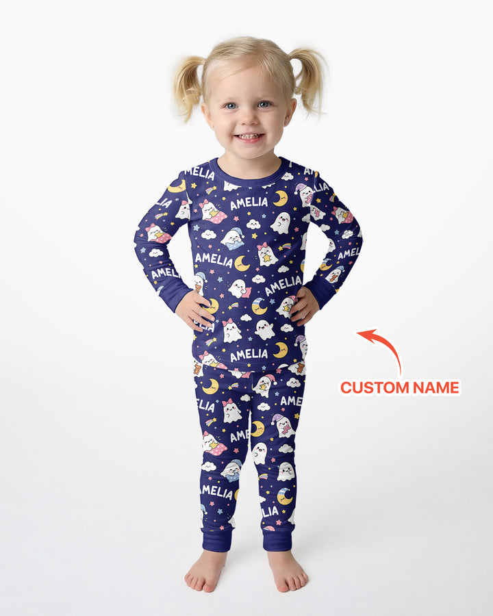 Sweet Dreams Cute Ghost Custom Name Bamboo Two Piece Long Sleeve Pajama Set