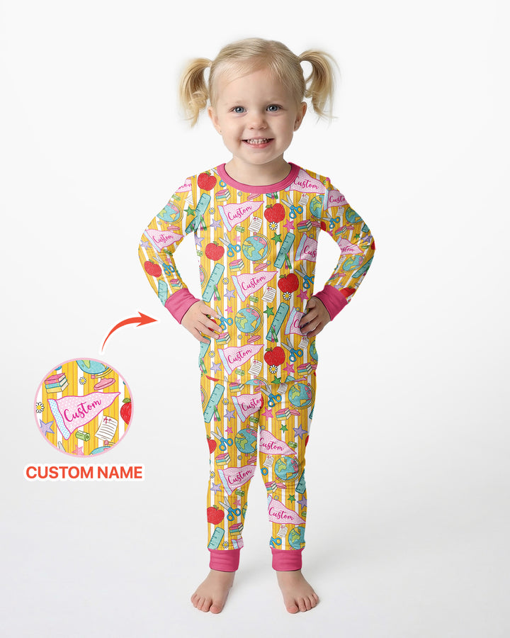 Custom Back To School Pennant Bamboo Two Piece Long Sleeve Pajama Set