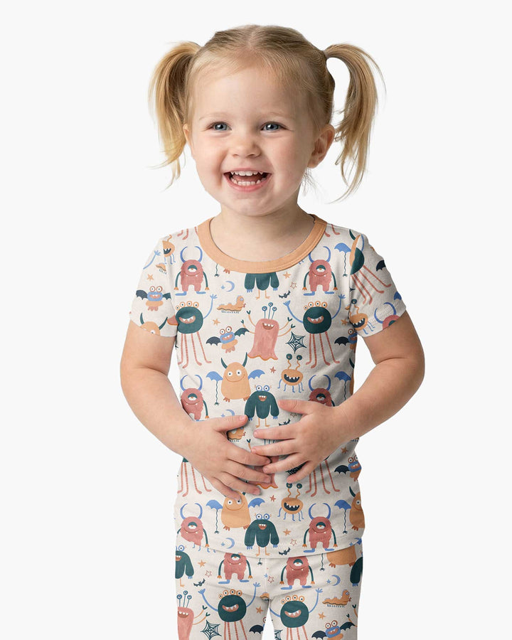 Monsters Fun Pastels Hand Painted Cute Bamboo Two Piece Short Sleeve Pajama Set