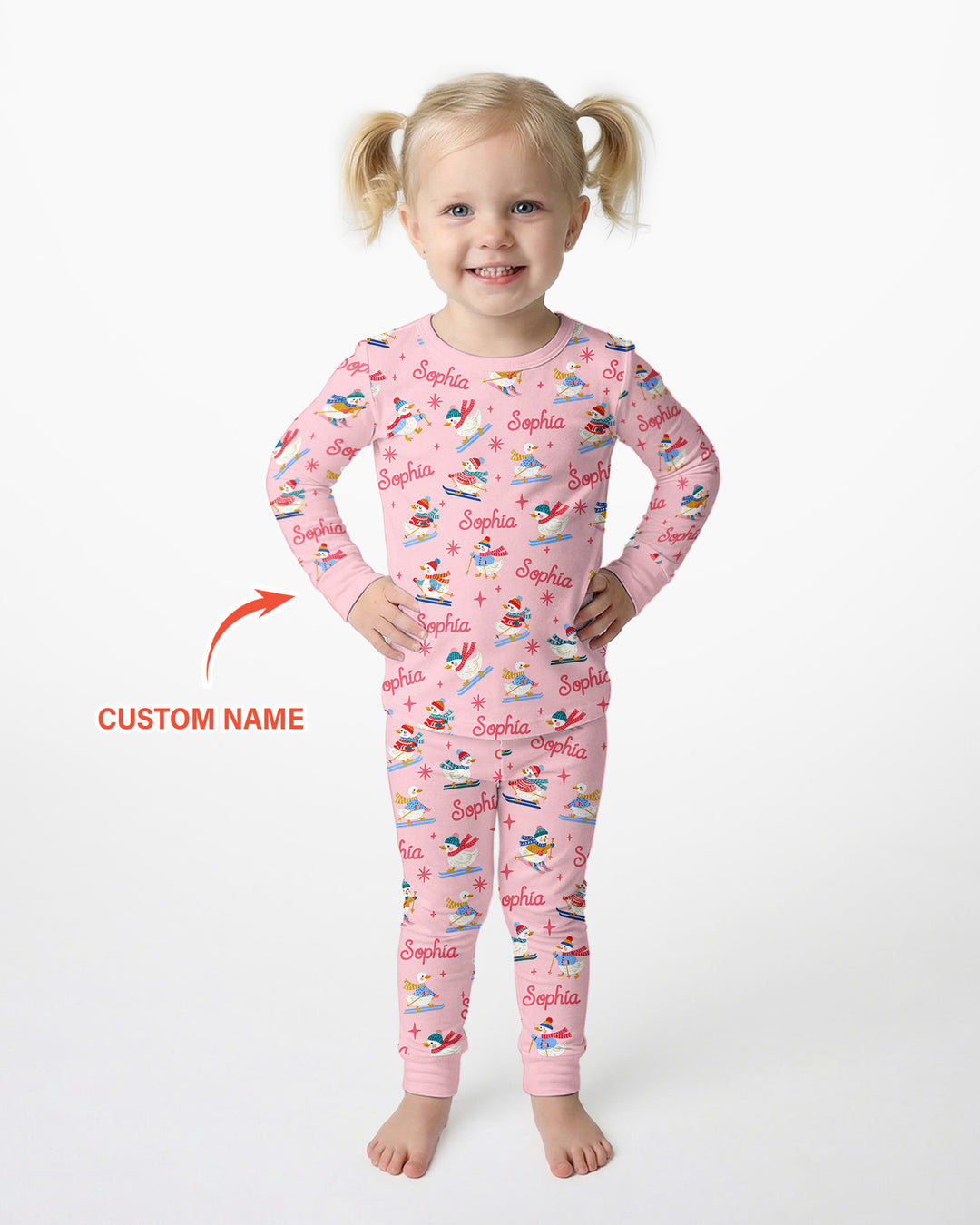 Custom Name Skiing Goose Bamboo Two Piece Long Sleeve Pajama Set