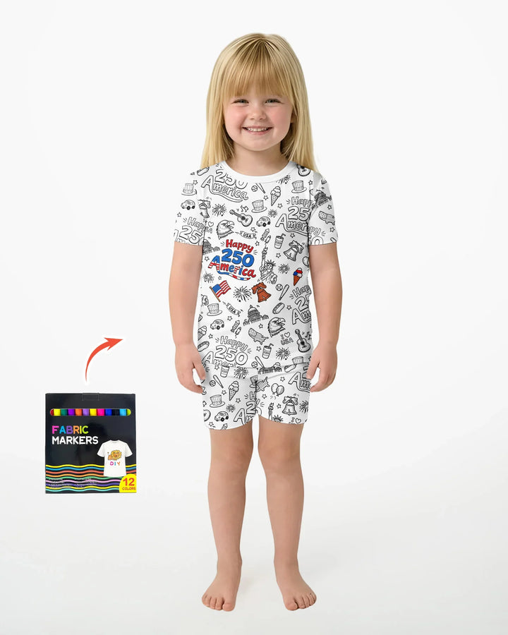 All Colorable Happy 250 America I love USA Bamboo Two Piece Short Sleeve Shorts Pajama Set