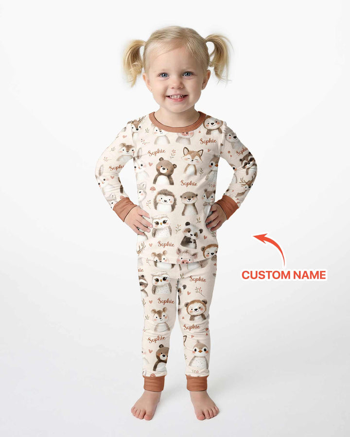 Custom Name Watercolor Woodland Bamboo Two Piece Long Sleeve Pajama Set