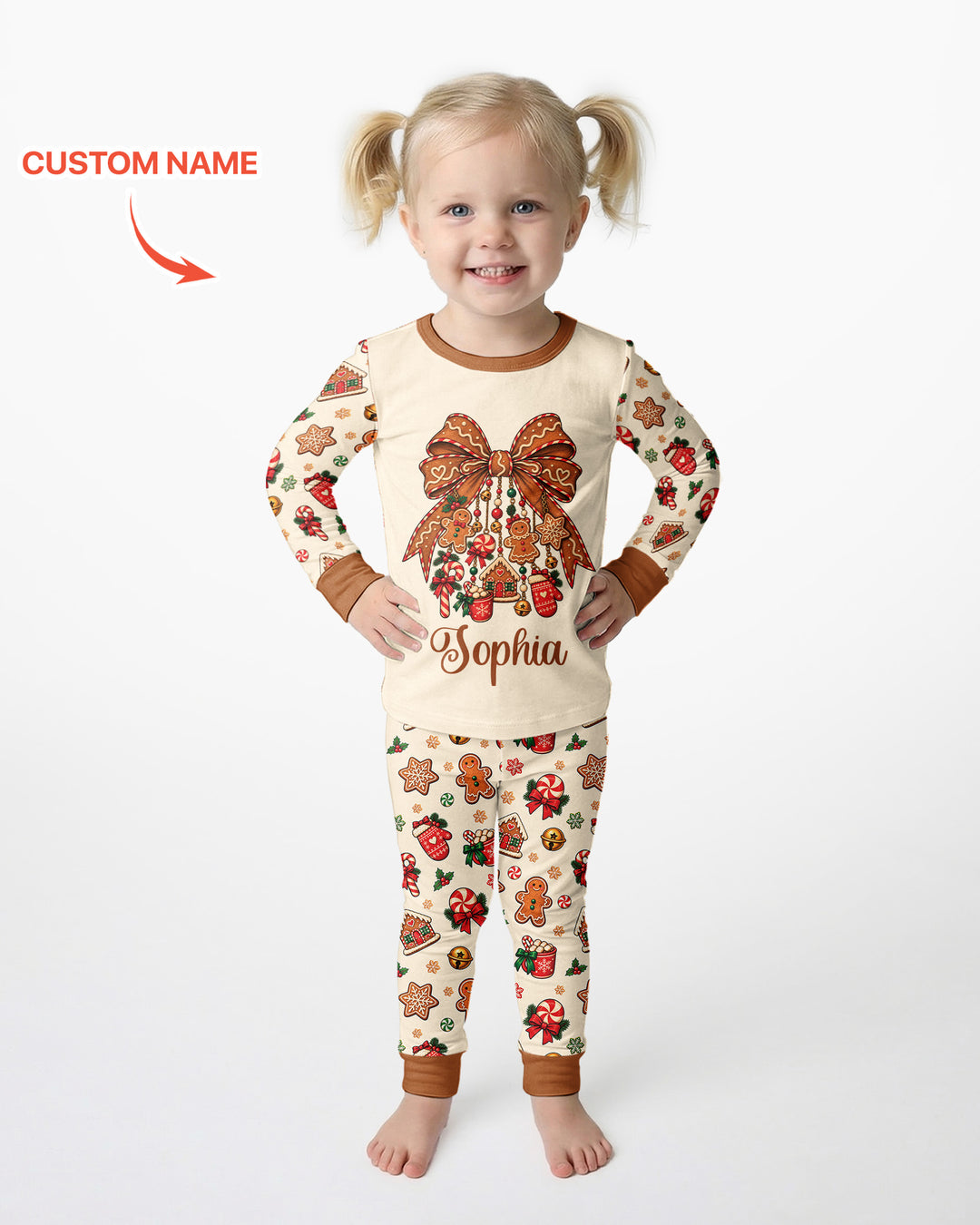 Custom Name Gingerbread The Bow Bamboo Two Piece Long Sleeve Pajama Set