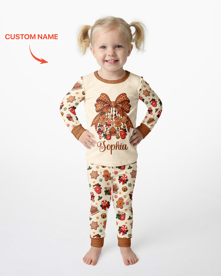 Custom Name Gingerbread The Bow Bamboo Two Piece Long Sleeve Pajama Set