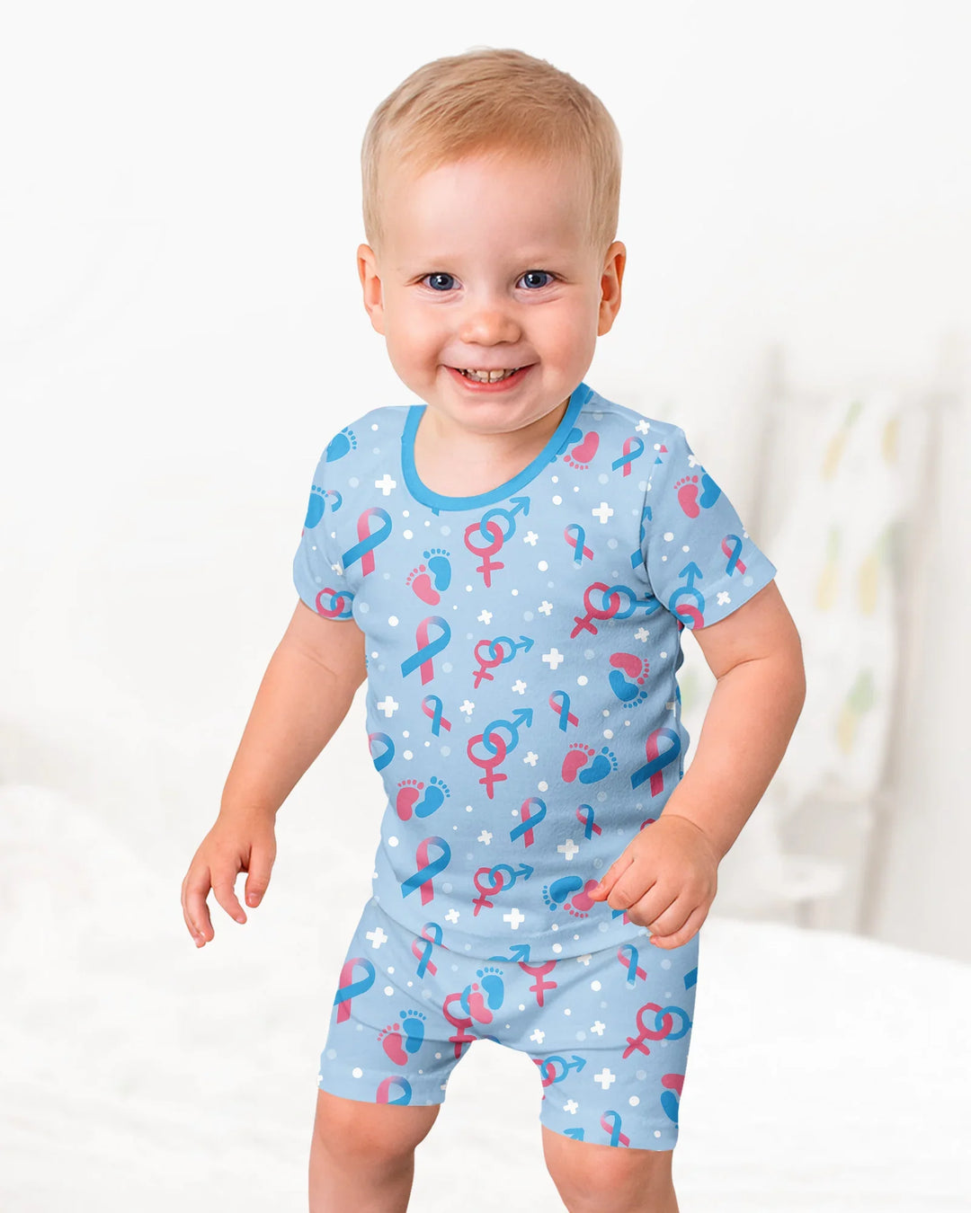 Infertility Awareness Blue and Pink Bamboo Two Piece Short Sleeve Shorts Pajama Set