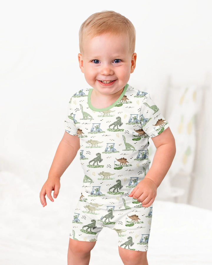 Dinos On The Green Daddy & Me Matching Bamboo Two Piece Short Sleeve Shorts Pajama Set
