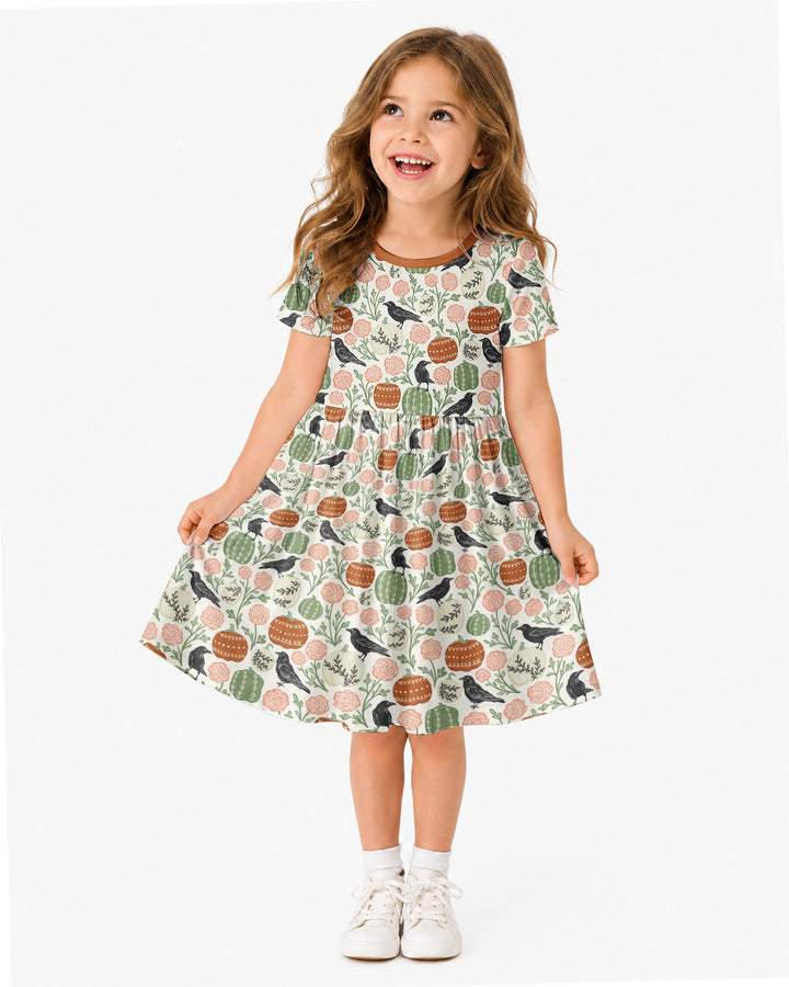 Country Crows with Mums and Pumpkins Bamboo Twirl Dress