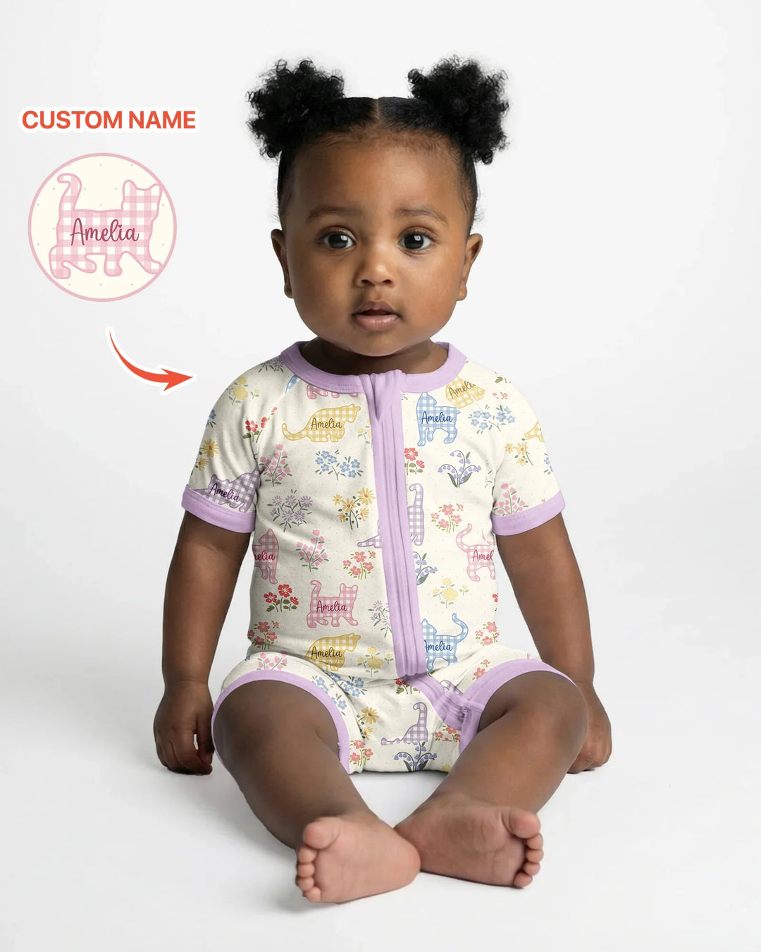 Gingham Cats Custom Name Bamboo Shorty Zippy