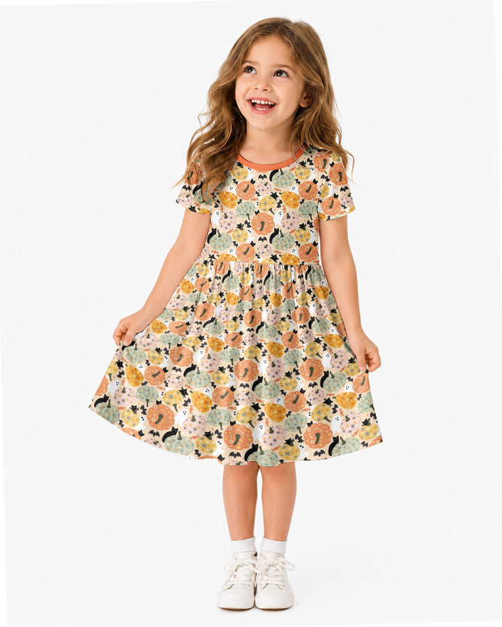 Floral Pumpkin Ghost Halloween Bamboo Twirl Dress