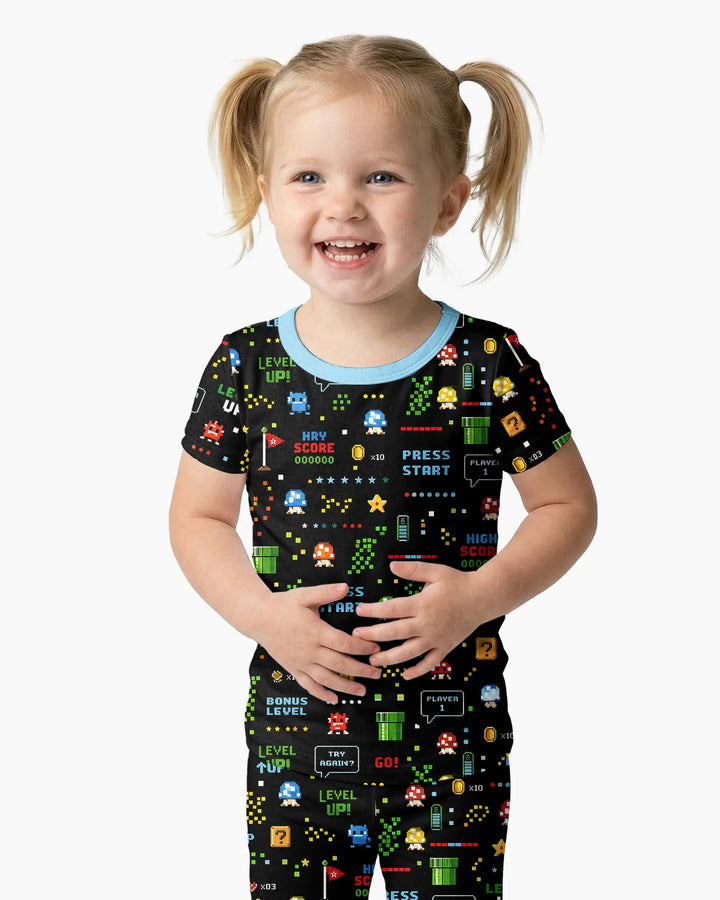 Conjunto de pijama de dos piezas de manga corta de bambú a juego para amantes de los juegos de píxeles