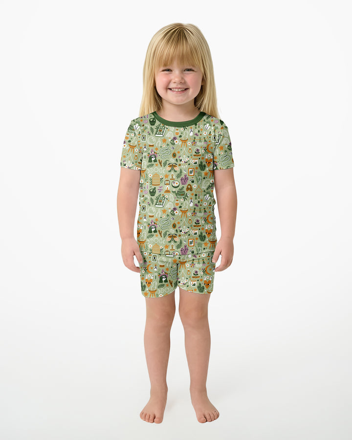 Boho Witchy Celestial Magic Floral Bamboo Two Piece Short Sleeve Shorts Pajama Set