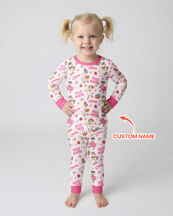 Custom Name Silly Goose Back to School Bamboo Two Piece Long Sleeve Pajama Set