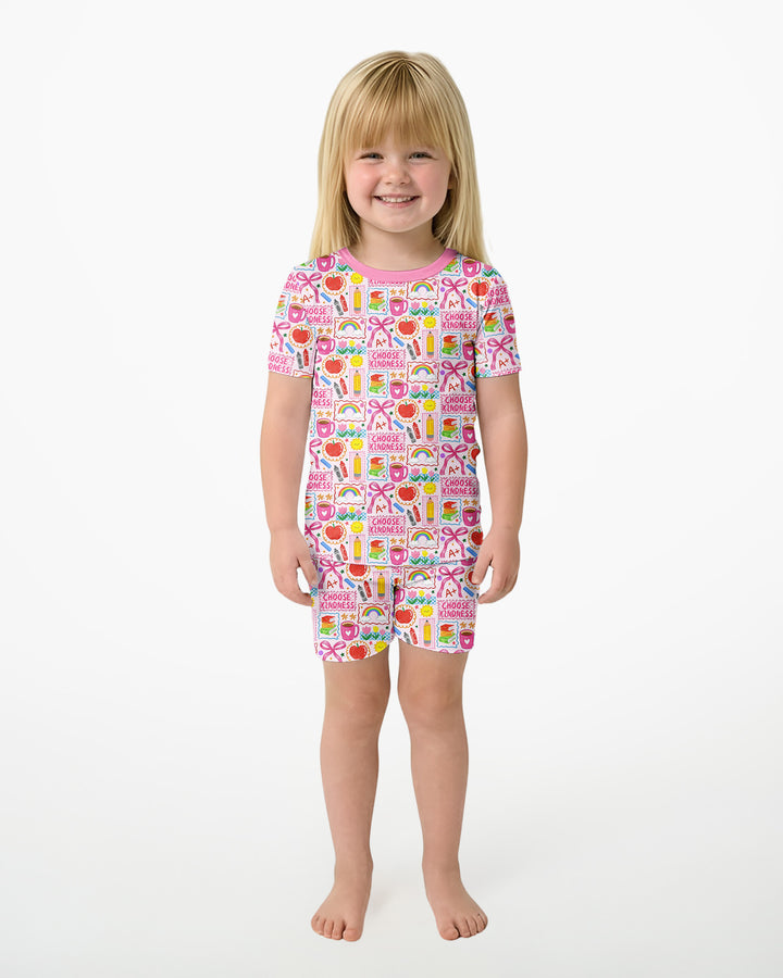 Kindness School Girl Bamboo Two Piece Short Sleeve Shorts Pajama Set