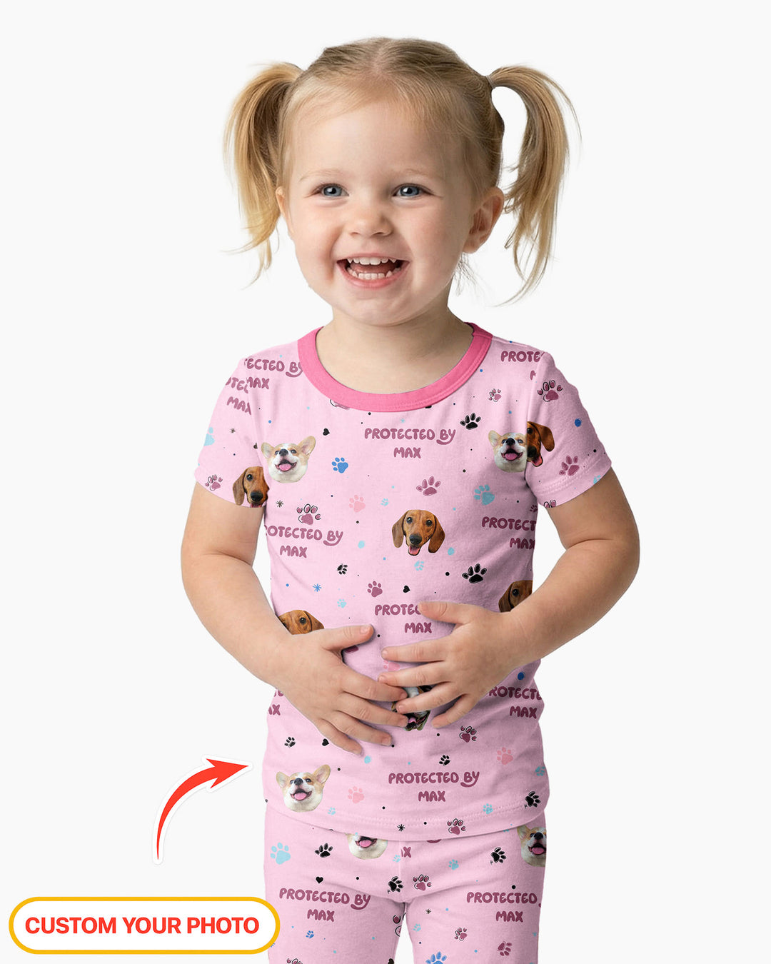 Custom Dog Photos "Protected By" Pawfect Pink Bamboo Two Piece Short Sleeve Pajama Set