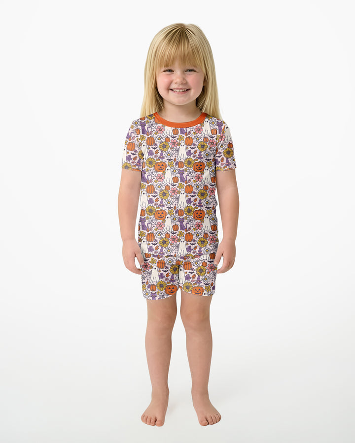 Ghost Pumpkin Fall Floral Halloween Bamboo Two Piece Short Sleeve Shorts Pajama Set