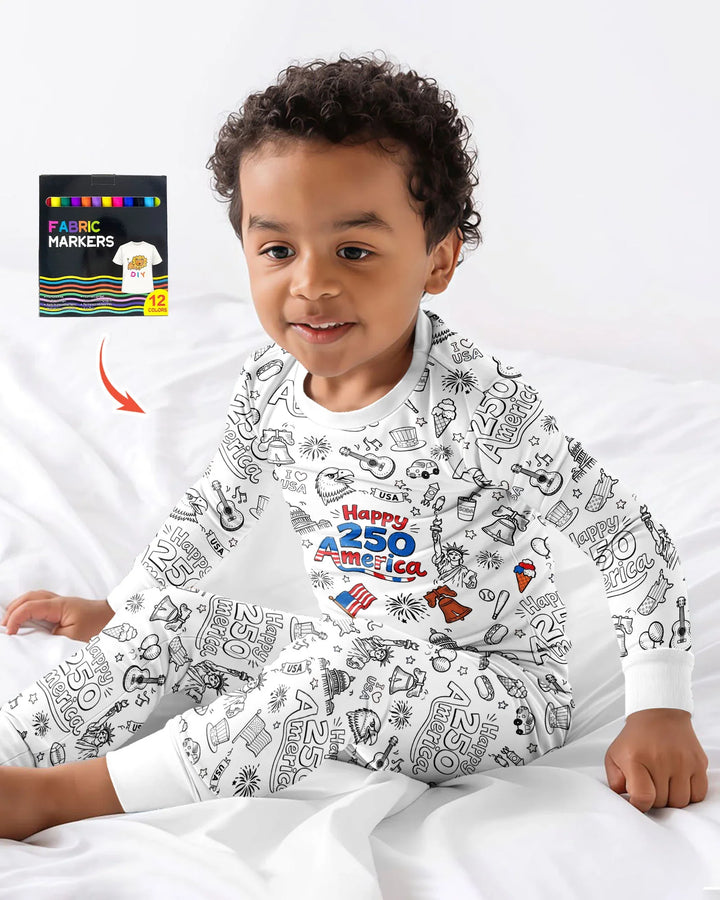 All Colorable Happy 250 America I love USA Bamboo Two Piece Long Sleeve Pajama Set