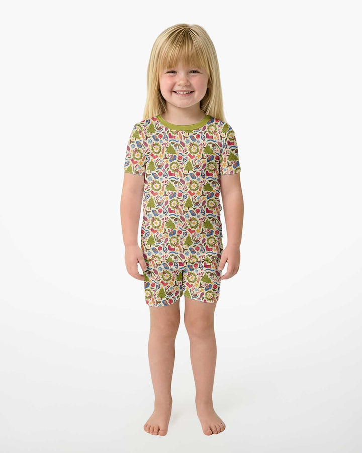 All Over Christmas Fun Bamboo Two Piece Short Sleeve Shorts Pajama Set