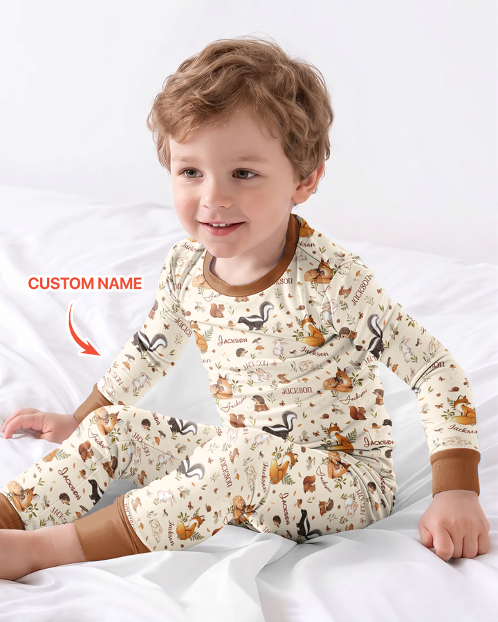 Custom Name Woodland Friends Bamboo Two Piece Long Sleeve Pajama Set