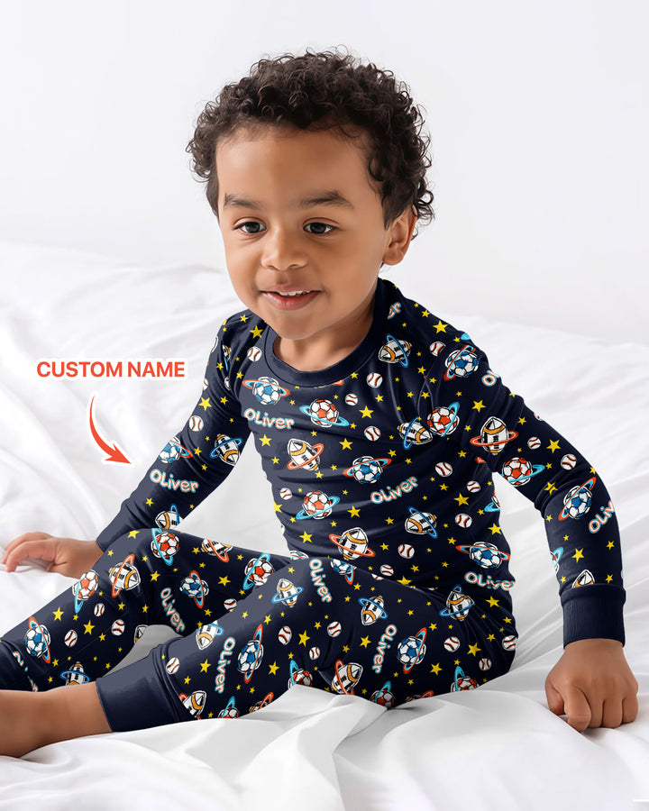 Custom Name Space Sport Bamboo Two Piece Long Sleeve Pajama Set