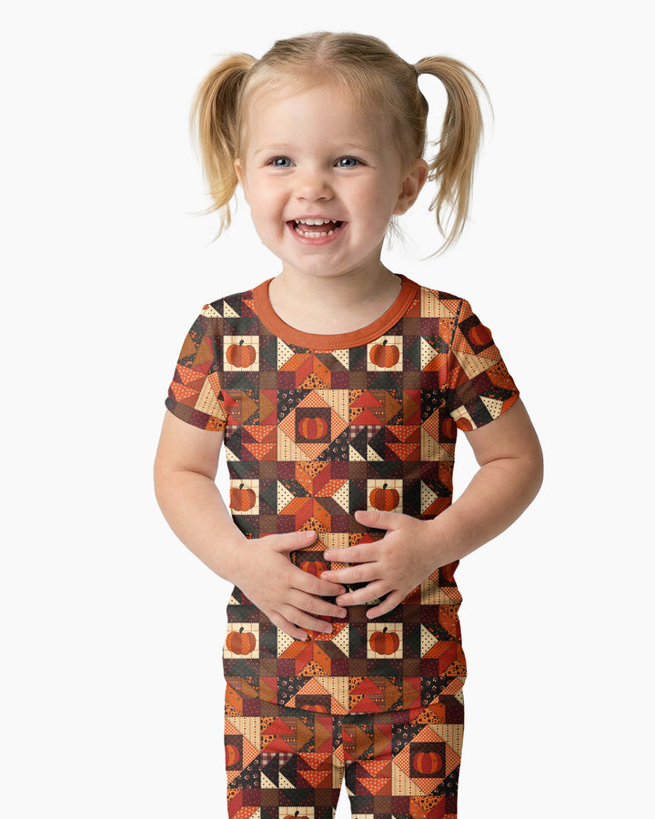 Vintage Pumpkin Patchwork Fall Bamboo Two Piece Short Sleeve Pajama Set