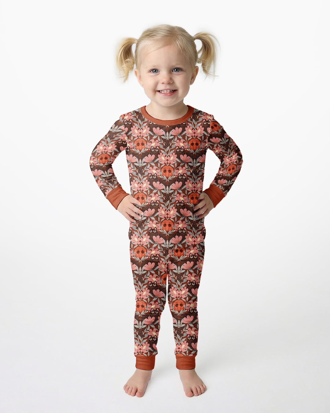 Spooky Owl Pumpkin Folk Floral Halloween Bamboo Two Piece Long Sleeve Pajama Set