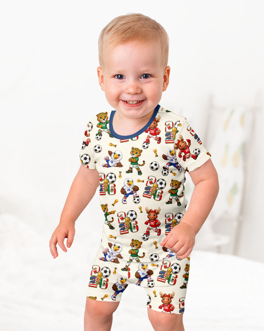 Cute Soccer Mascots USA CAN MEX Bamboo Two Piece Short Sleeve Shorts Pajama Set