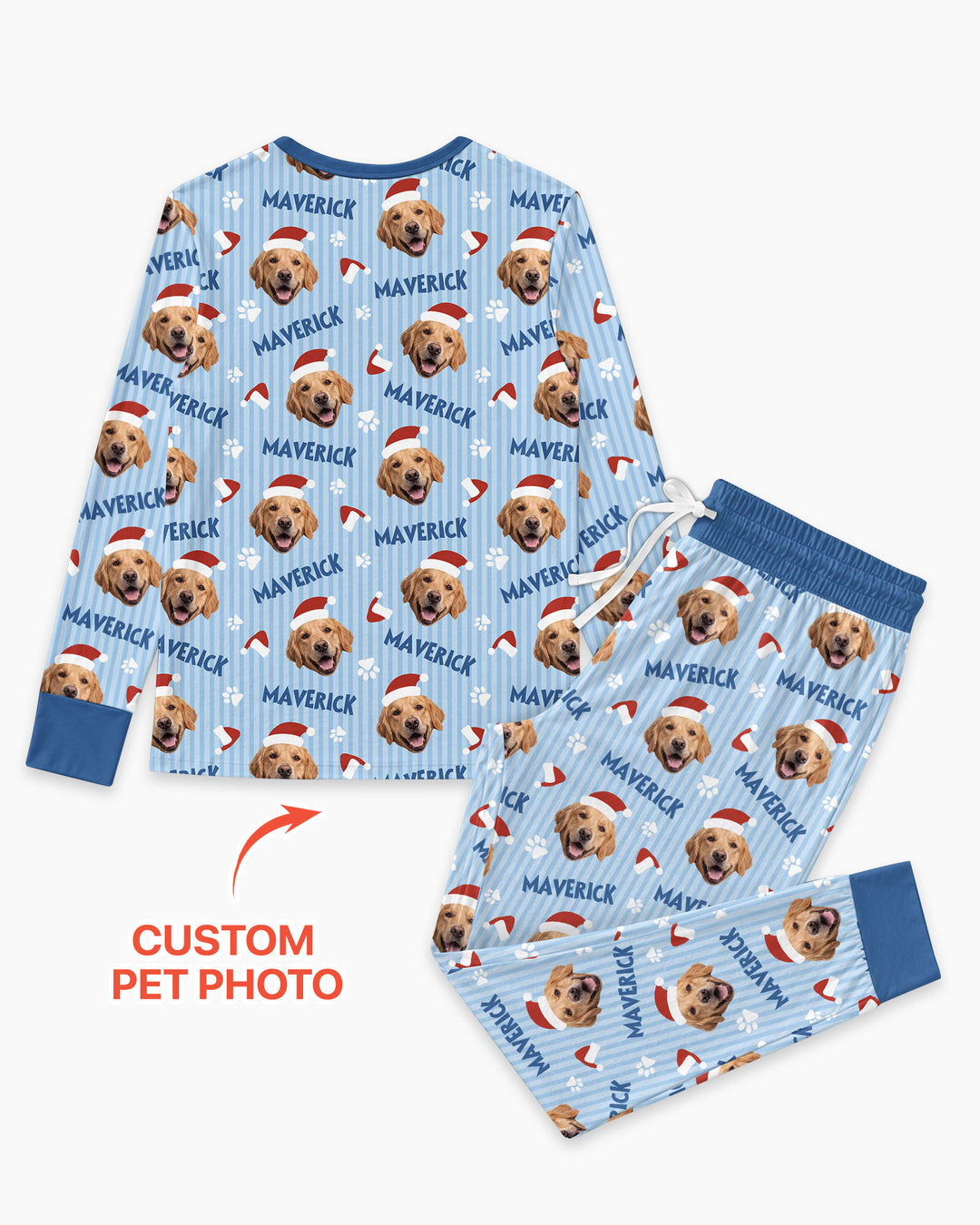 Custom Pet Photo Christmas Paws Stripe Bamboo Women Pajama Set