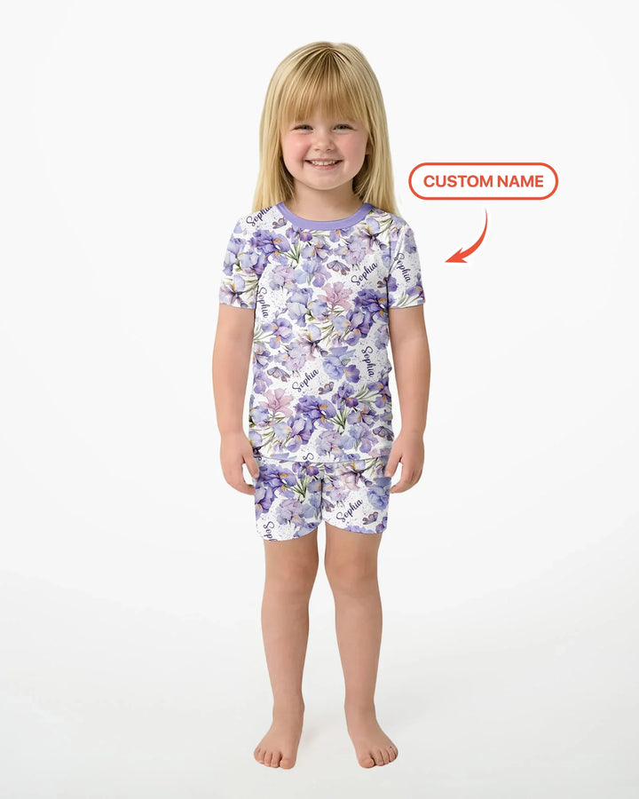 Custom Name Birth Month Flowers Bamboo Two Piece Short Sleeve Shorts Pajama Set