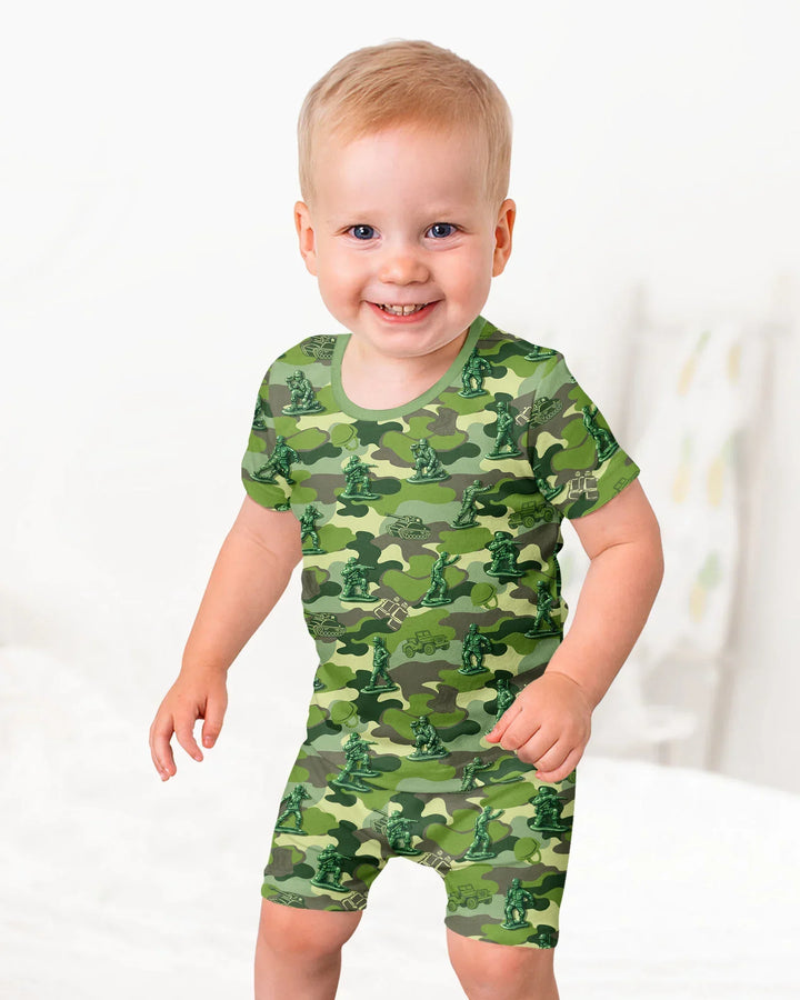 Pijama de dos piezas de bambú de hombrecitos verdes, de manga corta y pantalón corto