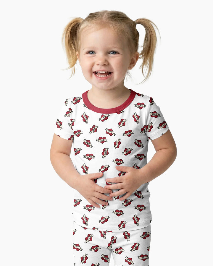 Old School Dad Hearts Daddy & Me Matching Bamboo Two Piece Short Sleeve Pajama Set