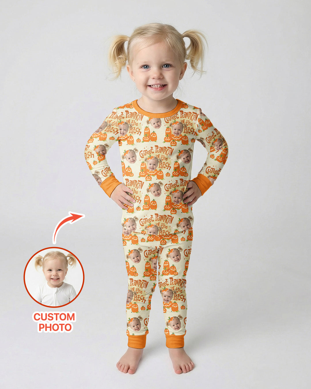 Custom Photo Cutest Pumpkin in the Patch Bamboo Two Piece Long Sleeve Pajama Set