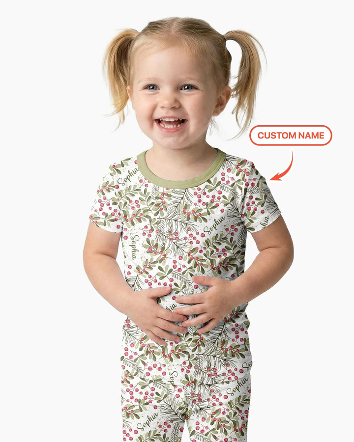 Custom Name Birth Month Flowers Bamboo Two Piece Short Sleeve Pajama Set